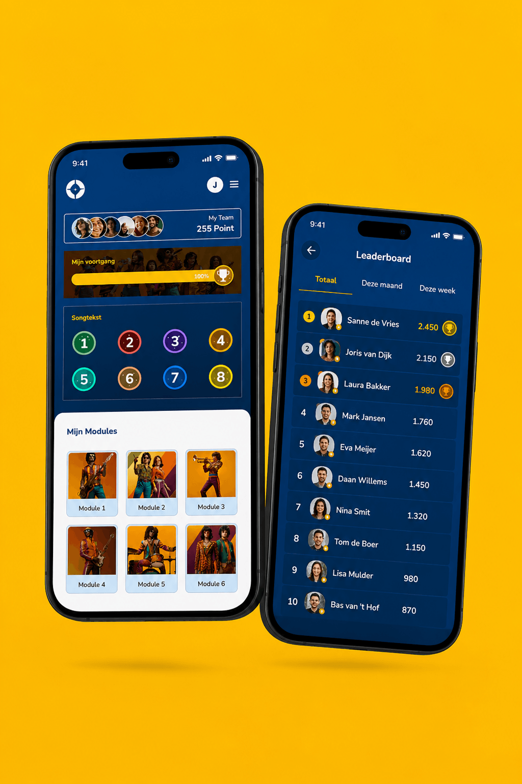 Deelnemers kijken naar de Helden-app met leaderboard